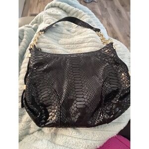 Michael Kors Black Python Embossed Leather Hand Bag Purse Gold Hardware